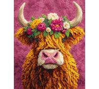 N.LANSHAN Animal Diy Kit Crochet Debutant Complet Bovins Des Highlands Et Fleurs Kit De Fabrication De Tapis Au Crochet，Kits De Bricolage，Tapisserie，Coussin，Motifs Pré-Imprimés 52x38cm