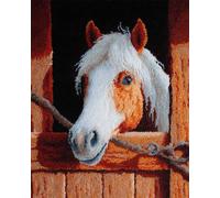 N.LANSHAN Animal Diy Kit Crochet Debutant Complet Chevaux Dans L'Écurie Kits De Tapis Au Crochet Pour Débutants,Kit De Crochetage,Décoration D'Intérieur 80x115cm
