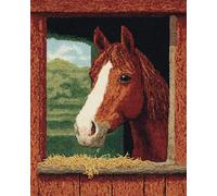 N.LANSHAN Animal Diy Tapis Kit Tricot Debutant Chevaux Dans L'Écurie Kit De Tapis À Faire Soi-Même,Broderie Au Crochet,Toile Imprimée,Décoration D'Intérieur 80x115cm