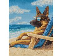 N.LANSHAN Chien Animal Diy Création De Tapis Et Canvas Berger Allemand Sur Une Chaise De Plage Kits De Crochets Pour Tapis,Bricolage Pours Famille Et Amis,Broderie,Point De Croix,Loisirs Créa 55x75cm