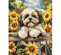 N.LANSHAN Chien Animal DIY Tapis Kit Tricot Debutant Shih Tzus Et Fleurs Kit De Fabrication De Tapis À Loquet Pour Adultes Et Enfants,Kits De Point De Croix,Tapisserie. 55x75cm
