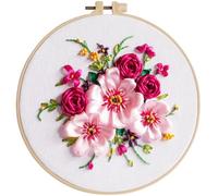 N.LANSHAN Kits De Broderie Au Ruban 3D Kit De Broderie De Fleurs Roses Pour Débutants Gamme Complète De Kit De Démarrage De Broderie Avec Instructions，Cerceaux À Broder，Fils Et Outils 25x25cm