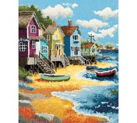 N.LANSHAN Paysage DIY Kit Crochet Debutant Complet Village De Pêcheurs En Bord De Mer Kits De Fabrication De Tapis Au Crochet Pour Débutants,Crochetage,Broderie,Paillasson,Cadeau 100x140cm