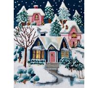 N.LANSHAN Paysage Diy Kit Tricot Debutant Tapis Ville D'Hiver Kit De Tapis Au Crochet Pour Débutants,Set De Broderie,Kits De Loisirs Créatifs 3D,Décoration 52x38cm