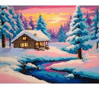 N.LANSHAN Paysage Diy Tapis Kit Crochet Debutant Cabane Forestière D'Hiver Kit De Tapis Au Crochet，Coussin Faits Main Avec Pré-Impression，Cadeau Artisanal 3D À Faire Soi-Même 52x38cm