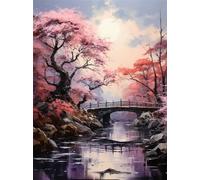 N.LANSHAN Tableaux Sur Toile Esthétiques, Parc Cerisiers En Fleurs Petit Pont Eau Qui Coule 30X40Cm Peintures Murales Abstraites Modernes, Ensemble D'Affiches Naturelles Sur Flore Et Faune