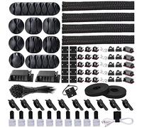 N NOROCME Kit de Rangement de Cordons avec 4 Manchons fendus avec 41 Clips Autocollants, 10 pièces et 2 Rouleaux Auto-noués 100 Attaches de Fixation pour TV, Bureau, Voiture, Bureau, Maison - Noir