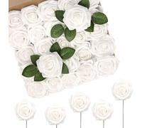 N&T NIETING 50 Pièces Roses artificielles, Toucher réel Fleurs Artificielles- Latex Faux Roses pour Bouquets de Mariage, Centres De Table Bridal Shower Home Party DIY Décorations(Blanc)