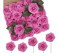 N&T NIETING fleurs artificielles, roses artificielles roses vives, 50 pièces de fausses fleurs avec tiges pour DIY mariages, bouquets, centres de table, douche de bébé, fête, douche à domicile