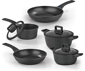 N8WERK Ensemble de casseroles et poêles en Fonte d'aluminium de 8 pièces | Affichage de la température avec Changement de Couleur, Convient à Tous Les Types de cuisinières, revêtement à 3 Couches