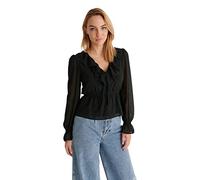 NA-KD Femme Frill V-Neck Chiffon Blouse, Black, EU 38
