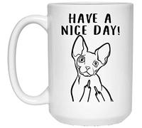NA Le Chat drôle de Sphynx a Une Tasse de café Blanche de Doigt Moyen de Bonne journée