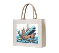 NABEAR Cartoon Fish Eating Ship In Ocean Sea Sac fourre-tout de transport en toile - Sac de courses réutilisable respectueux de l'environnement, sac à bandoulière pour femme