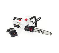 NAC CB-18E-30-B40-S 18V une scie à batterie NAC dotée d’un rail de guidage NAC 30 cm (12”), une batterie lithium-ion moderne d’une capacité de 4,0Ah et un chargeur de 1,8A inclus