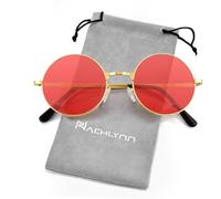 NACHLYNN Lunettes de soleil rondes hippies avec bordure métallique, verres ronds hippies avec protection UV380, lunettes de soleil 70s pour homme et femme, accessoire de fête, Rouge