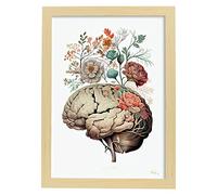 Nacnic affiche anatomique du cerveau illustration colorée de parties du corps humain avec des fleurs A3 Cadre en bois clair
