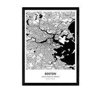 Nacnic Affiche avec carte de Boston - USA. Feuilles de villes américaines avec des mers et des rivières en couleur noire. format A4