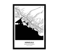 Nacnic Affiche avec carte de Honolulu - Etats-Unis. Feuilles de villes américaines avec des mers et des rivières en couleur noire. format A4