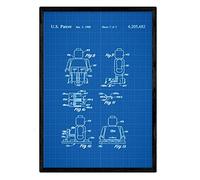 Nacnic Affiche brevet figure Lego humain. Fiche avec l'ancien format A3 de brevet de dessin avec le fond bleu