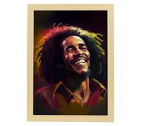 Nacnic Bob Marley Affiche en style Portrait en Couleur. Illustrations de dessins animés de musiciens et d'artistes célèbres. Design d'intérieur et décoration. A4 avec cadres en bois.