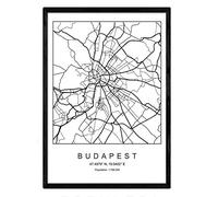 Nacnic Carte de la carte de la ville Budapest Style nordique en noir et blanc. Affiche A4 encadrée de papier imprimé de cadre noir 250 gr. Photos, draps et affiches pour salon et chambre à coucher