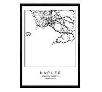 Nacnic Carte de la carte de la ville Naples Nordic Style en noir et blanc. Affiche A3 Taille encadrée avec du papier noir imprimé 250 gr. Photos, draps et affiches pour salon et chambre à coucher