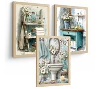 Nacnic Ensemble De 3 Affiches Décoratives Pour Salle De Bain Style Cottage Vintage, Lavabo, Douche, Toilettes Et Salle De Bain, Décoration Florale Assortie Aux Meubles A4 Sans Cadre