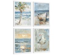 Nacnic Ensemble De 3 Affiches Représentant La Plage Mer Une Hirondelle & Un Coucher De Soleil Murale Scène De Bord De Mer Décoratives Pour Salle De Bain Cuisine Salon Dimensions A4 Cadre En Bois Léger