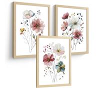 Nacnic Ensemble De 3 Aquarelles De Fleurs. Affiches Décoratives De Fleurs Colorées. Poster Botanique Minimaliste. Peintures De Fleurs Sauvages Pour Salon Et Chambre. Dimensions A4 Cadre En Bois Léger