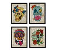 Nacnic Ensemble de 4 Feuilles colorées Calaveras Mexicanas « Sugar Skull » Jour des Morts avec Les définitions. Format A4. avec Marco.