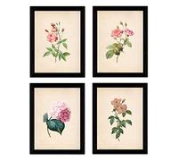 Nacnic Ensemble de 4 feuilles de style botanique pour l'encadrement. Set tiré rose clair rose tendre imprimé sur du papier de format A4. fond de papier vintage. Fleurs roses. Sans cadre.