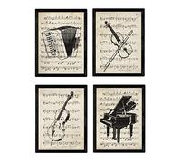 Nacnic Ensemble de 4 feuilles Encyclopédie Vintage avec des instruments et des partitions de musique. Piano, violon, violoncelle, accordéon. Musique classique. format A4. Avec Marco.