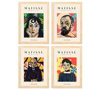 Nacnic Ensemble de 4 illustrations de Matisse. Connaissances. Collection d'illustrations colorées dans le style galerie d'art. Décoration d'intérieur. A4 avec cadre en bois.