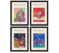 Nacnic Ensemble de 4 illustrations de Matisse. Événements. Collection d'illustrations colorées dans le style galerie d'art. Décoration d'intérieur. A4 avec cadre noir.