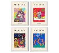 Nacnic Ensemble de 4 illustrations de Matisse. Événements. Collection d'illustrations colorées dans le style galerie d'art. Décoration d'intérieur. A4 avec cadre blanc.