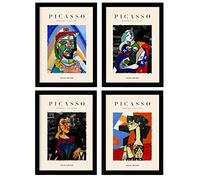 Nacnic Ensemble de 4 illustrations de Picasso. Collection Douleur. Illustrations colorées dans le style galerie d'art. Décoration d'intérieur. A4 avec cadre noir.