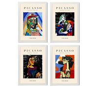 Nacnic Ensemble de 4 illustrations de Picasso. Collection Douleur. Illustrations colorées dans le style galerie d'art. Décoration d'intérieur. A4 avec cadre blanc.
