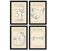 Nacnic Ensemble de 4 illustrations de Picasso. Paix. Illustrations à un seul trait dans le style de la galerie d'art. Peintures pour la décoration intérieure. A3 avec cadre noir.