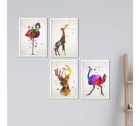 Nacnic Ensemble de 4 photos à encadrer, flamant rose, autruche, cerf et girafe. Style aquarelle. Affiches avec des images d'animaux, format A4. Décoration d'intérieur. Papier 250 grmes. Sans cadre.