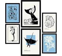Nacnic Ensemble de 6 affiches à l'encre noire. Raie et baleine. Impressions artistiques de la mer et de l'océan pour l'aménagement intérieur et la décoration. A3 et A4, sans cadres.