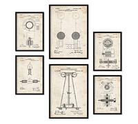 Nacnic Ensemble de 6 affiches de brevets Électrique 1. Affiches avec des illustrations de brevets rétro pour votre maison. Décoration intérieure de style vintage. Formats A4 et A3. Avec cadre.