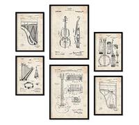 Nacnic Ensemble de 6 affiches de brevets Instrument à cordes. Affiches avec des illustrations de brevets rétro pour votre maison. Décoration intérieure de style vintage. Formats A4 et A3. Sans cadre.