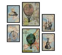 Nacnic Ensemble de 6 affiches de cartes vintage. Collection de plaques avec collage esthétique pour la décoration d'intérieur. Tailles A3 et A4. Sans cadre.