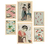 Nacnic Ensemble de 6 affiches du Japon. Collection de plaques avec collage esthétique pour la décoration d'intérieur. Tailles A3 et A4. Avec cadre en bois.