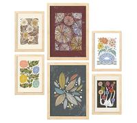 Nacnic Ensemble de 6 impressions de Floral de style ethnique. Cadres décoratifs esthétiques pour votre salon, chambre, maison. Impression d'art mural. Tailles A4 et A3 avec des cadres de bois léger