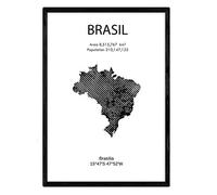 Nacnic Feuille carte Brésil. Photos, impressions et affiches pour le salon, la chambre à coucher... Style nordique en noir et blanc. Poster de pays et continents. Format A4 sans cadre.