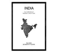 Nacnic Feuille carte d´Inde. Photos, impressions et affiches pour le salon, la chambre à coucher... Style nordique en noir et blanc. Poster de pays et continents. Format A3 sans cadre.