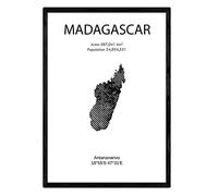 Nacnic Feuille carte de Madagascar. Photos, impressions et affiches pour le salon, la chambre à coucher... Style nordique en noir et blanc. Poster de pays et continents. Format A3 sans cadre.
