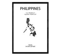 Nacnic Feuille carte Philippines. Photos, impressions et affiches pour le salon, la chambre à coucher... Style nordique en noir et blanc. Poster de pays et continents. Format A3 sans cadre.