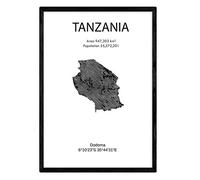 Nacnic Feuille Carte Tanzanie. Photos, Impressions et Affiches pour Le Salon, la Chambre à Coucher... Style Nordique en Noir et Blanc. Poster de Pays et Continents. Format A4 sans Cadre.